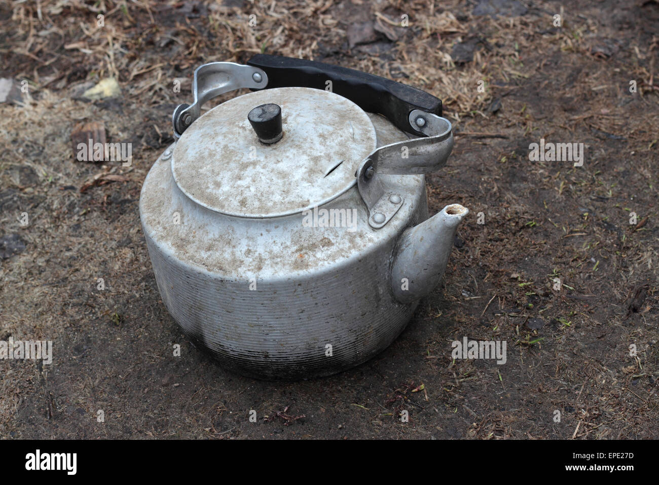 Vintage large aluminum tea pot kettle stove top isolated Stock Photo by  puhimec