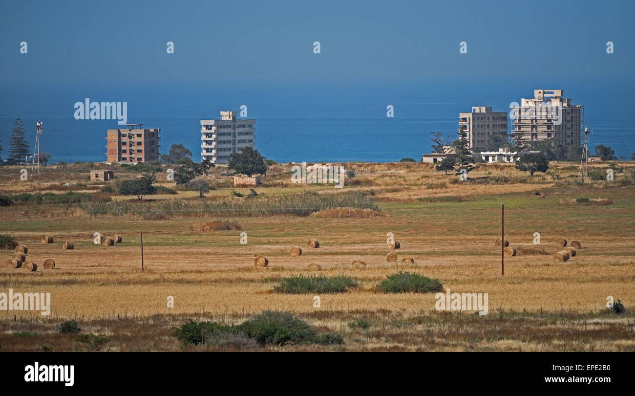 Varosha Famagusta abandoned hotels from the watchpoint near Dhernia Cyprus Stock Photo