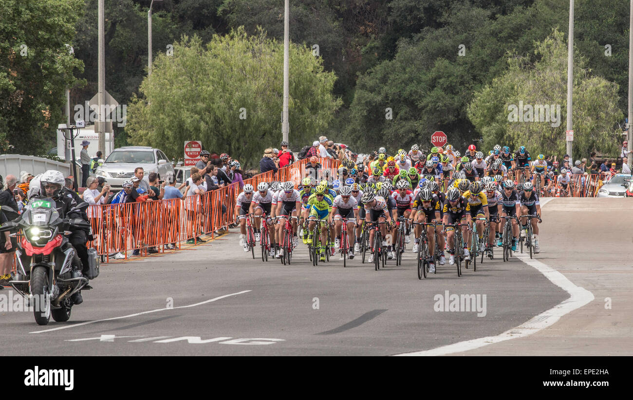 Pasadena, California, USA. 16th May, 2015. Bicycle riders that form the peloton on one of the seven loops of the  Rose Bowl in Pasadena, California on stage 8 of the Amgen Tour of California on May 17, 2015. Credit:  Robert Bush/Alamy Live News Stock Photo