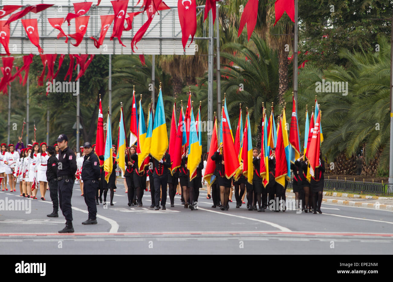 ISTANBUL, TURKEY - OCTOBER 29, 2014: Students march with flags in Vatan Avenue during 29 October Republic Day celebration of Tur Stock Photo