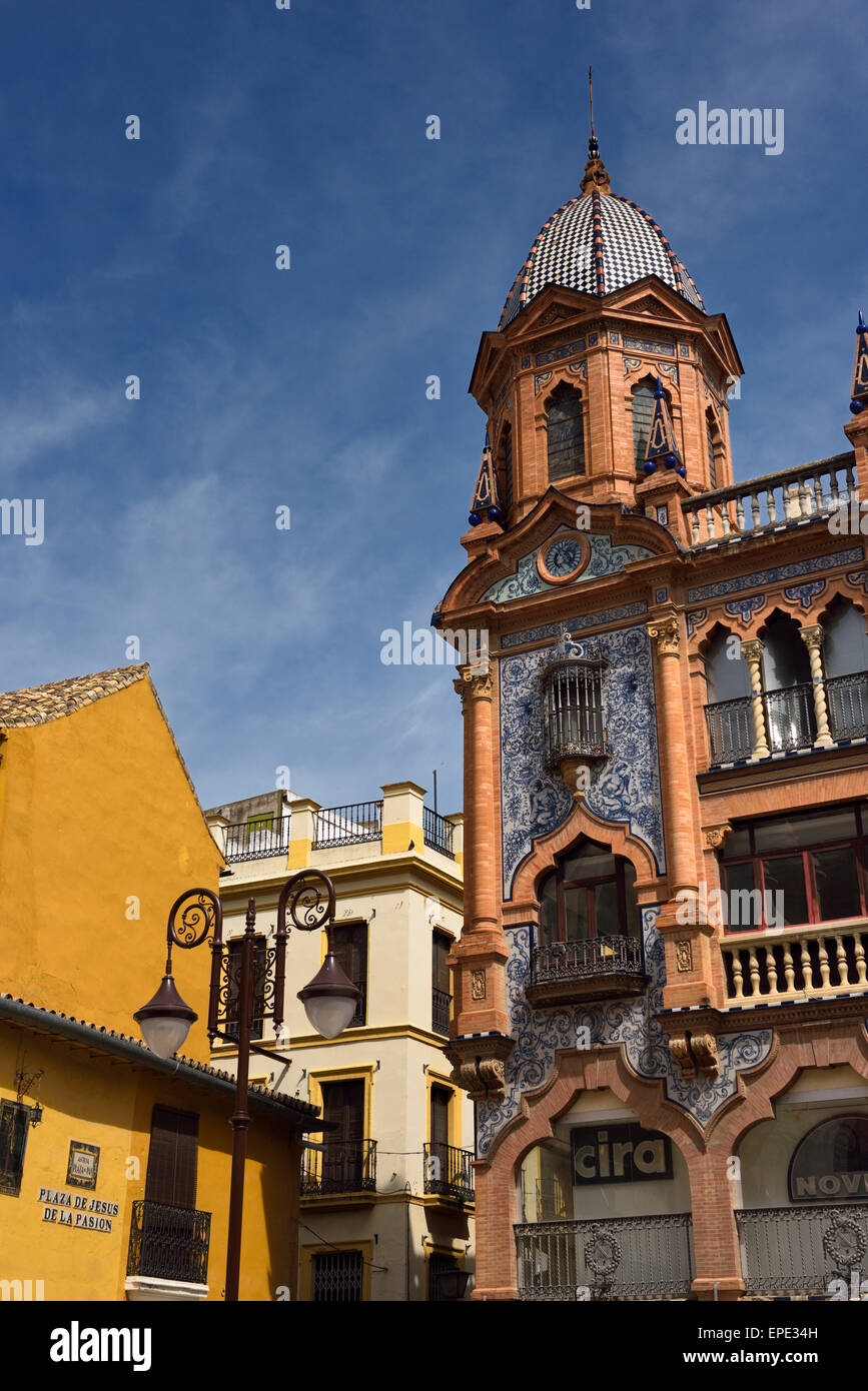 Ornamental glazed tiles on historic building at Plaza de Jesus de la Pasion in Seville Spain Stock Photo