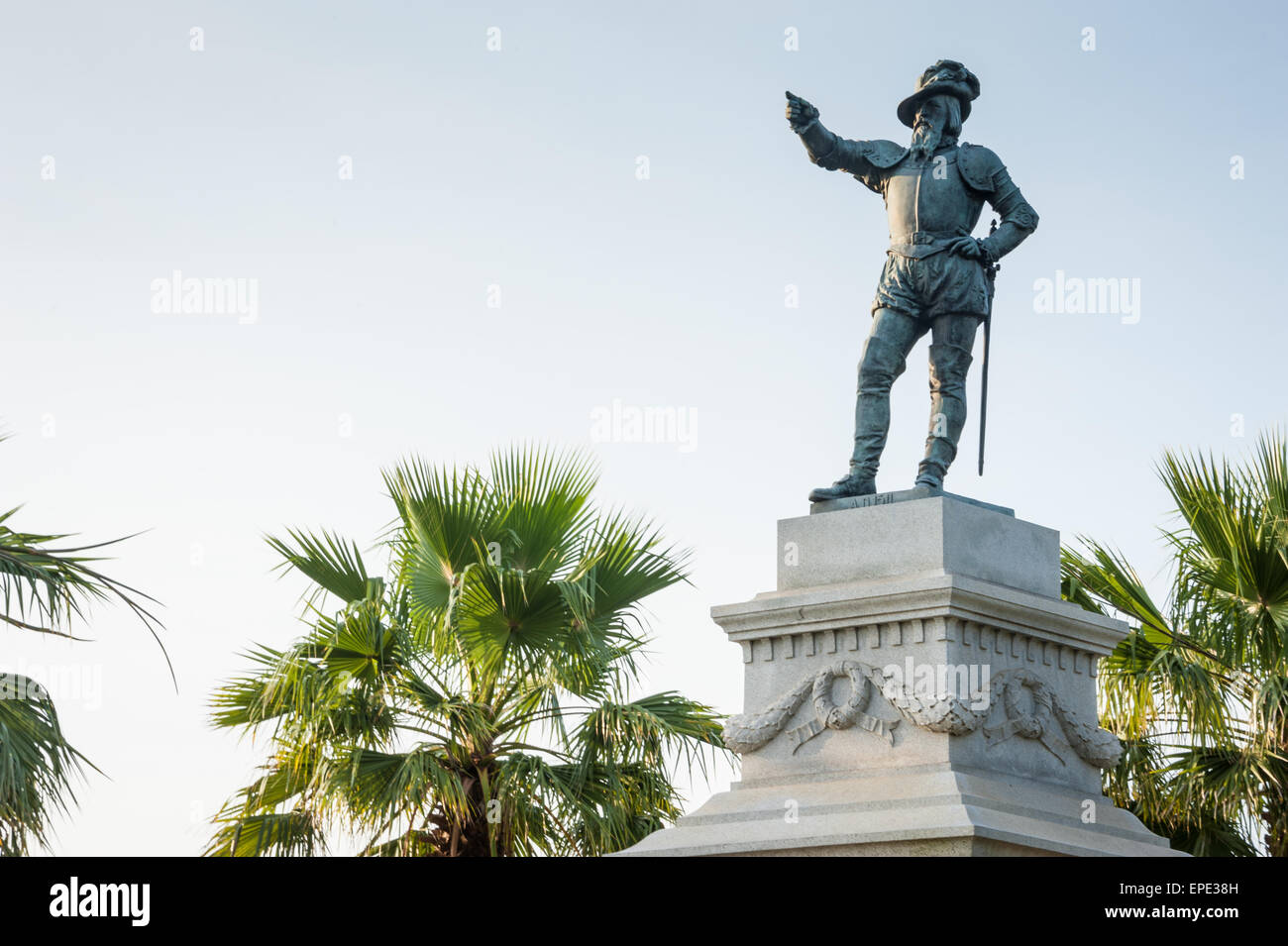 Ponce de Leon statue near the waterfront in Old Town St. Augustine, Florida, USA. Stock Photo