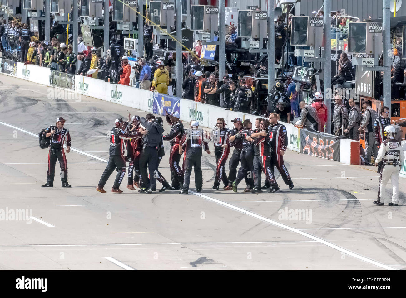 Newton, Iowa, USA. 17th May, 2015. The NASCAR Xfinity Series teams race through the turns during the 3M 250 race at the Iowa Speedway in Newton, Iowa. Credit:  csm/Alamy Live News Stock Photo