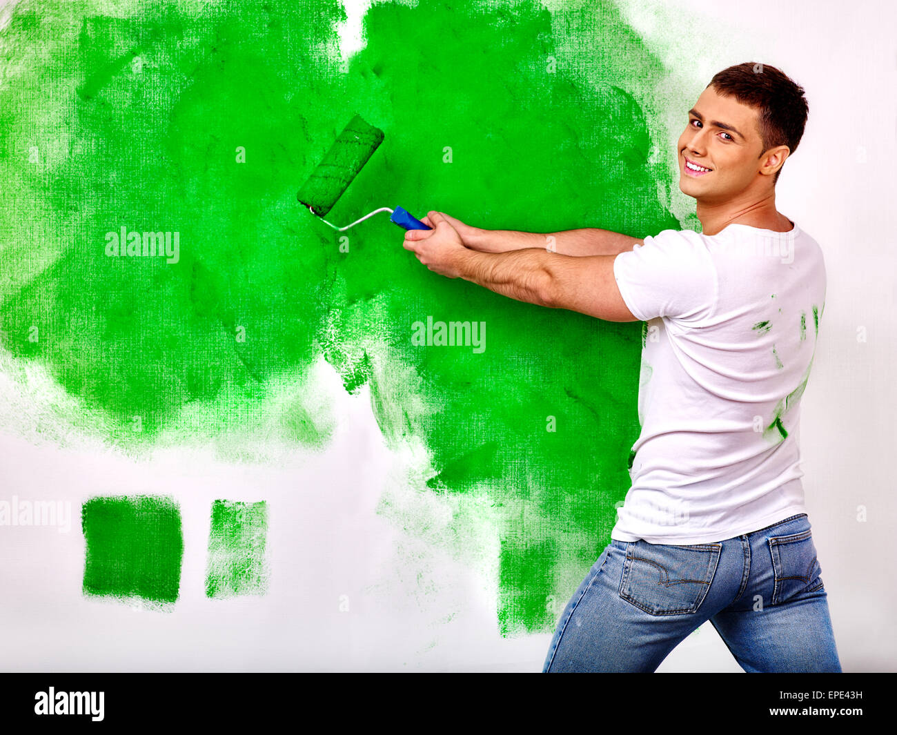Man Paint Wall At Home Stock Photo Alamy