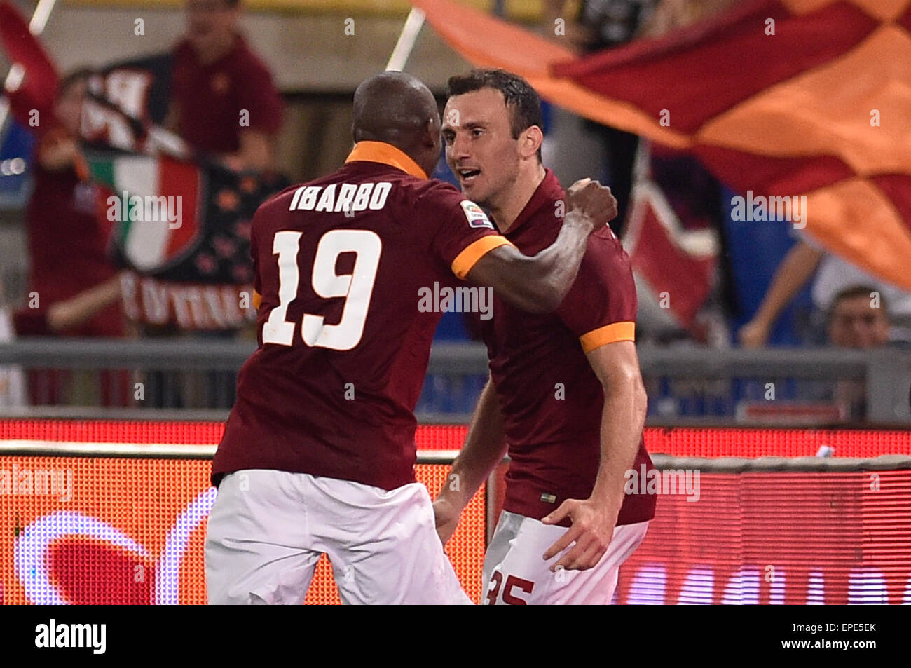 Rome, Italy. 17th May, 2015. Serie A Football. Roma versus Udinese. Vasilis Torosidis celebrates after he scored the second goal for Roma with Victor Ibarbo for Roma Credit:  Action Plus Sports/Alamy Live News Stock Photo