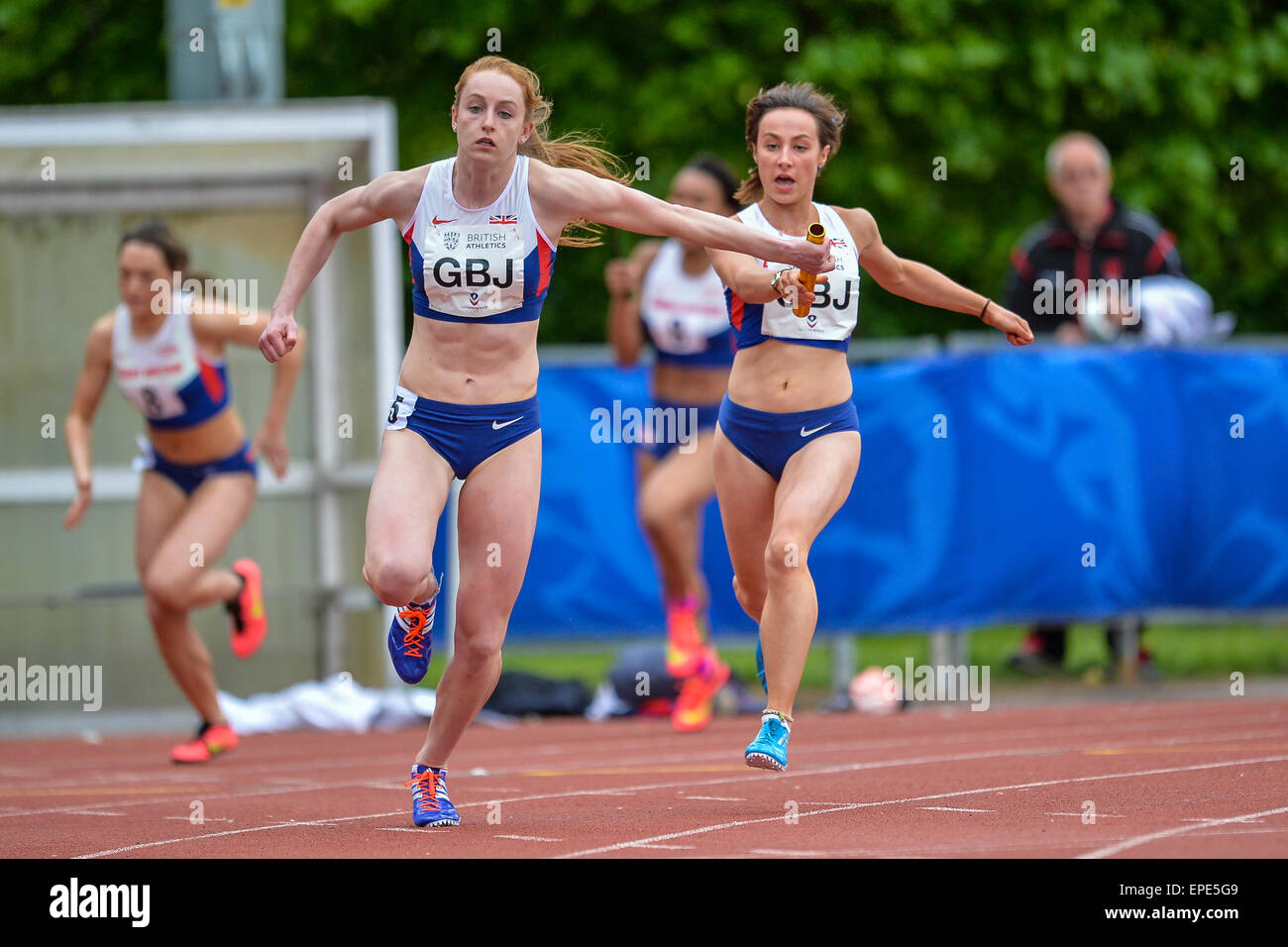 Paula Racliff Stadium, Loughborough, Leicestershire, UK. 17th May, 2015. Loughborough International. GB Juniors pass the baton on the final bend of the Women's 4x100m relay. Credit:  Action Plus Sports/Alamy Live News Stock Photo