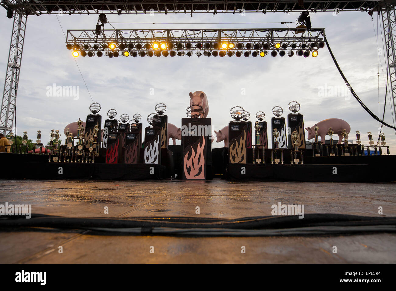 Memphis, Tennessee, USA. 16th May, 2015. Awards trophies line across the stage before announcements of winners of the 2015 World Championship Barbecue Cooking Contest. © Raffe Lazarian/ZUMA Wire/ZUMAPRESS.com/Alamy Live News Stock Photo
