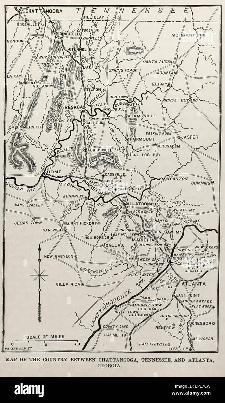 Map of the country between Chattanooga, Tennessee and Atlanta, Georgia during the USA Civil War Stock Photo