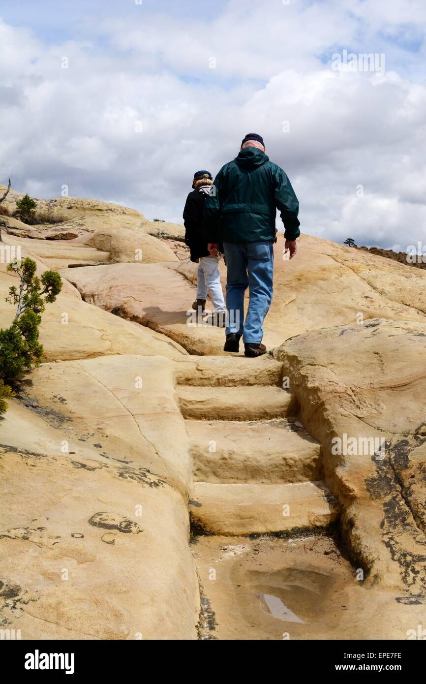 Ascending steps carved in sandstone at El Morro National Monument New Mexico - USA Stock Photo