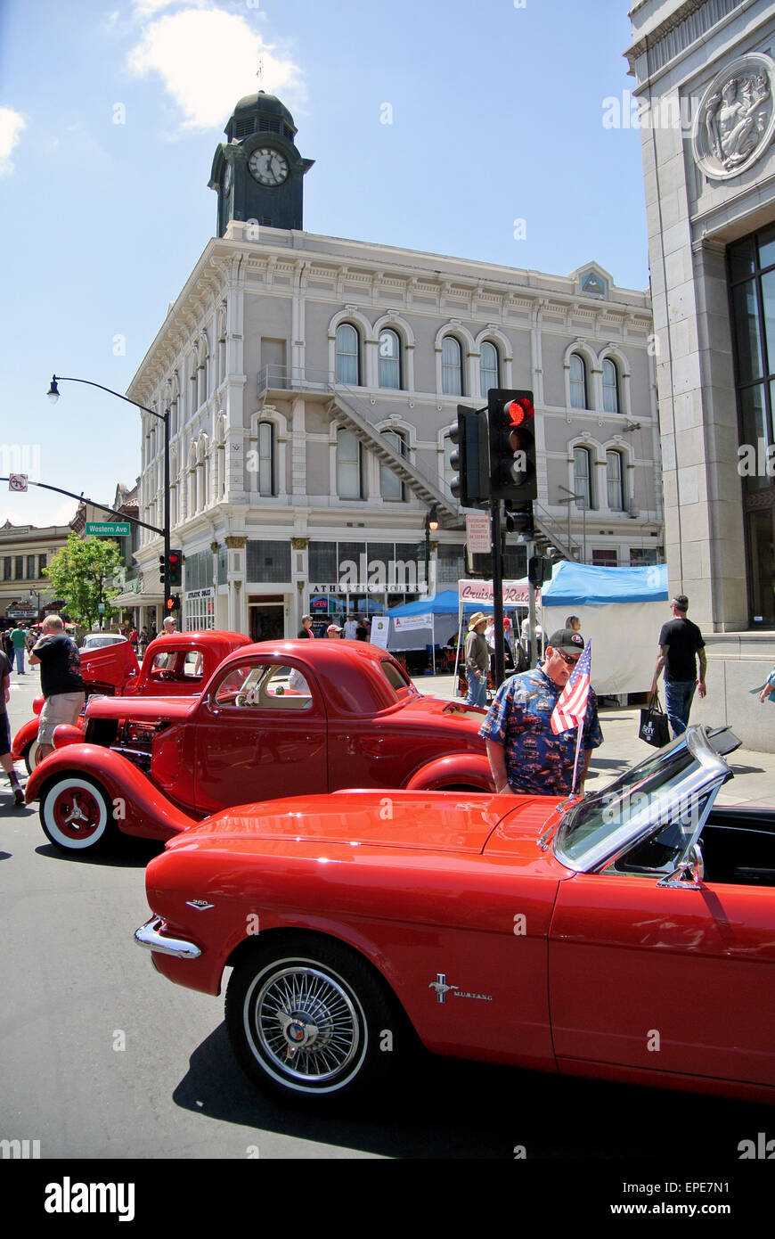 Petaluma, California, USA. 17th May, 2015. visitors to Classic Amelrican car show in Petaluma California look at vintage cars and trucks on display downtown. Credit:  Bob Kreisel/Alamy Live News Stock Photo