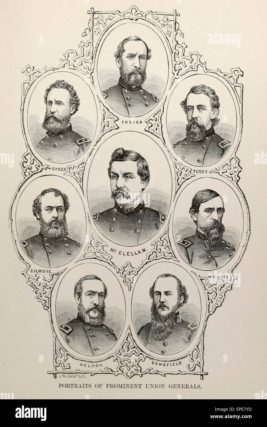Portraits of Prominent Union Generals during the USA Civil War - McClellan, Sykes, Foster, Terry Wallace, Gilmore, Nelson, Schofield Stock Photo