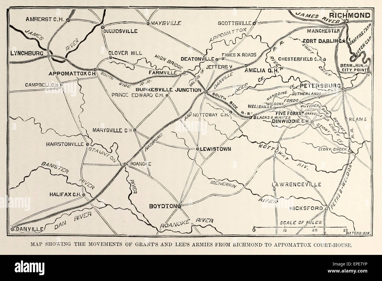 Map showing the movements of Grant's and Lee's armies from Richmond to Appomattox Court House during USA Civil War Stock Photo