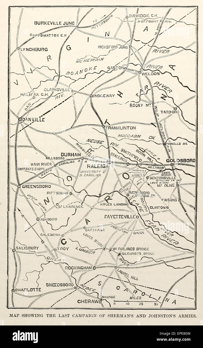 Map Showing the Last Campaign of Sherman's and Johnston's Armies during the USA Civil War, 1865 Stock Photo