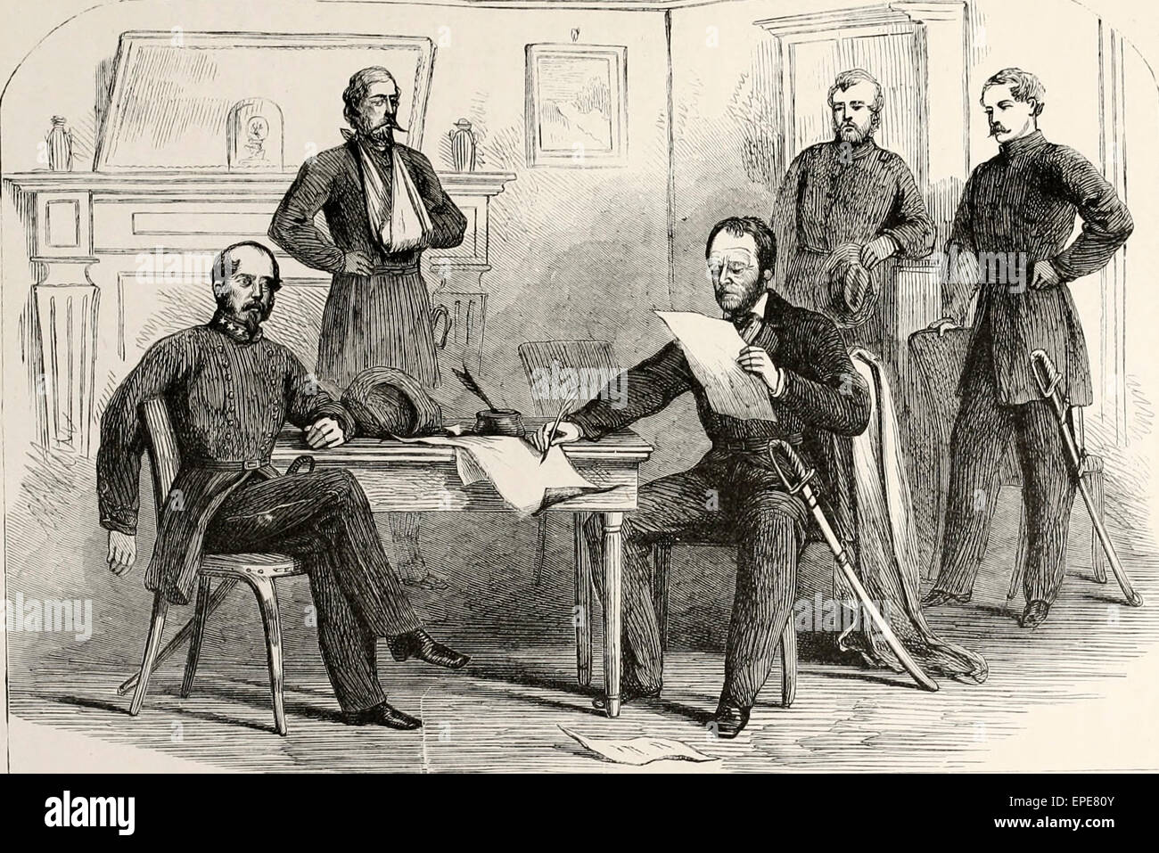 Interview between Generals Sherman and Johnson to discuss the surrendering of Johnston's Army - USA Civil War, April 1865 Stock Photo