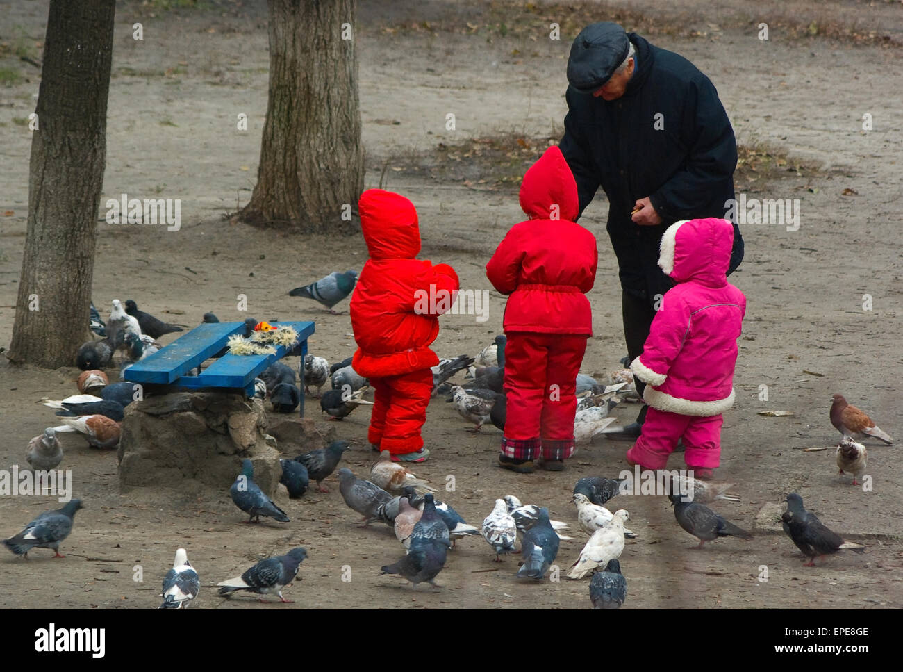 Grandfather with three grandchildren in red overalls and doves. Stock Photo