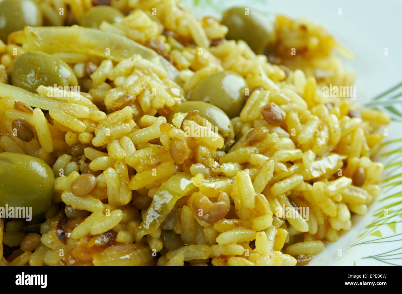 Arroz con gandules -  rice, pigeon peas . cooked  pot with Puerto Rican-style. popular throughout Latin America and the Caribbea Stock Photo