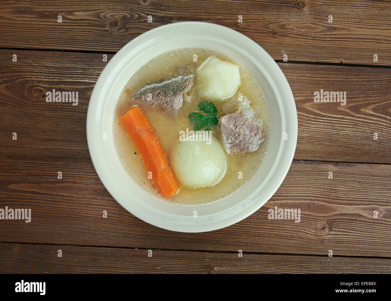 Aberaeron Broth - Welsh-language. broth which consists of bacon, beef, parsnips, cabbage, leeks, carrots Stock Photo
