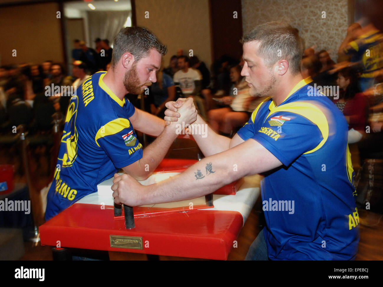 Vancouver, Canada. 17th May, 2015. Arm wrestlers compete during the