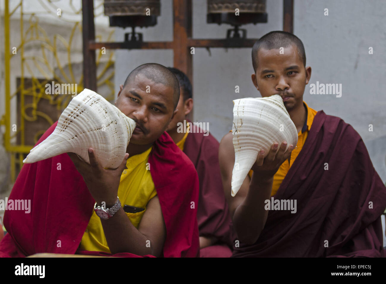 Kathmandu, Nepal. 18th May, 2015. Monks playing a traditional Shankha ...