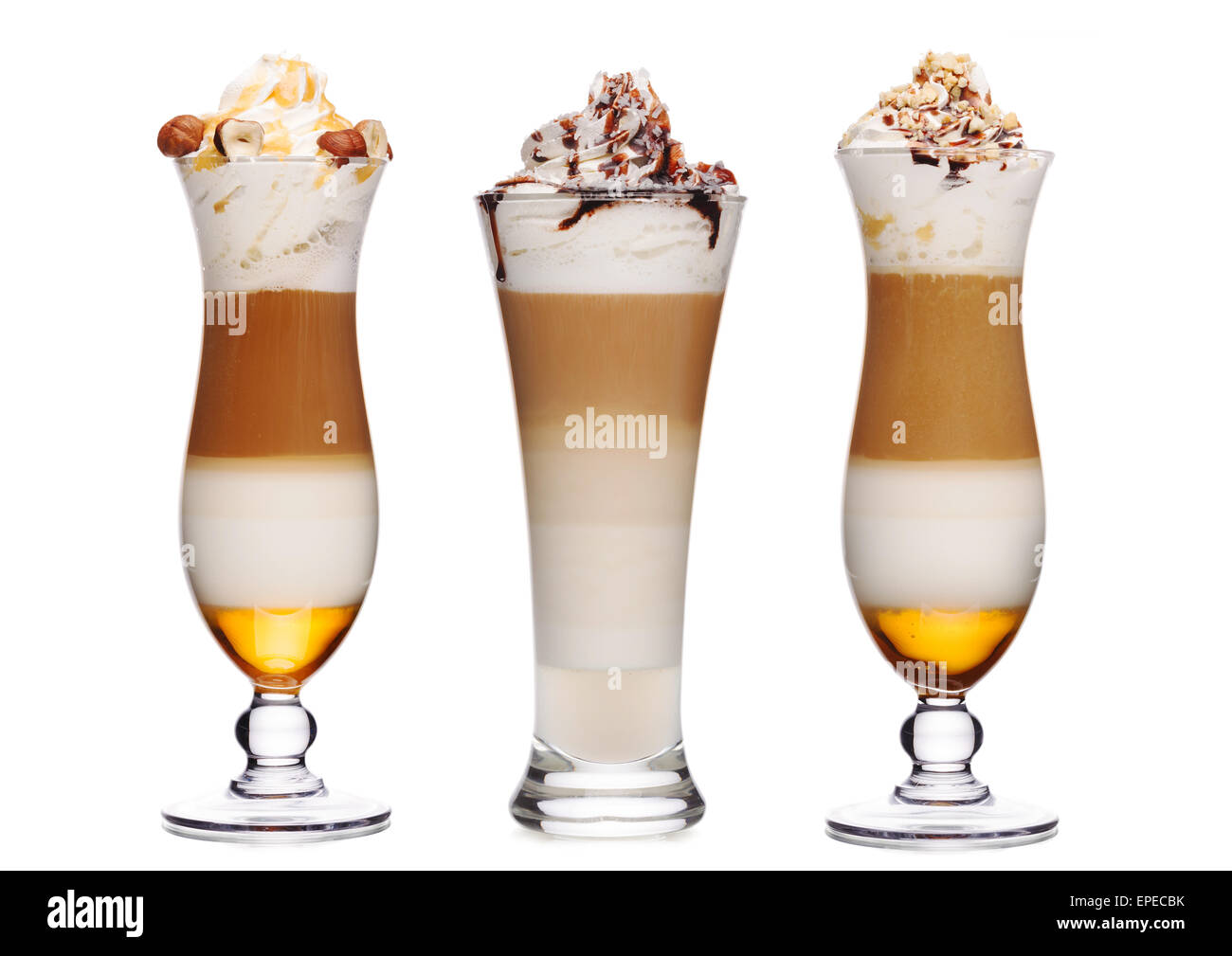 Sweet coffee cocktails with toppings decorated with various nuts Stock Photo