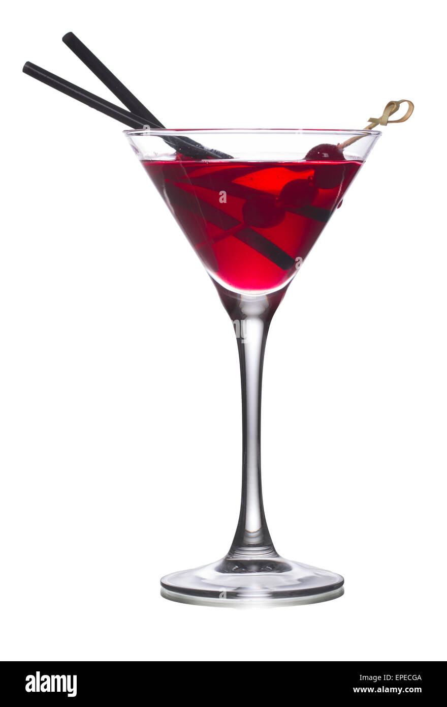 Cosmopolitan alcoholic cocktail decorated with black olives on a wooden skewer and black straws Stock Photo