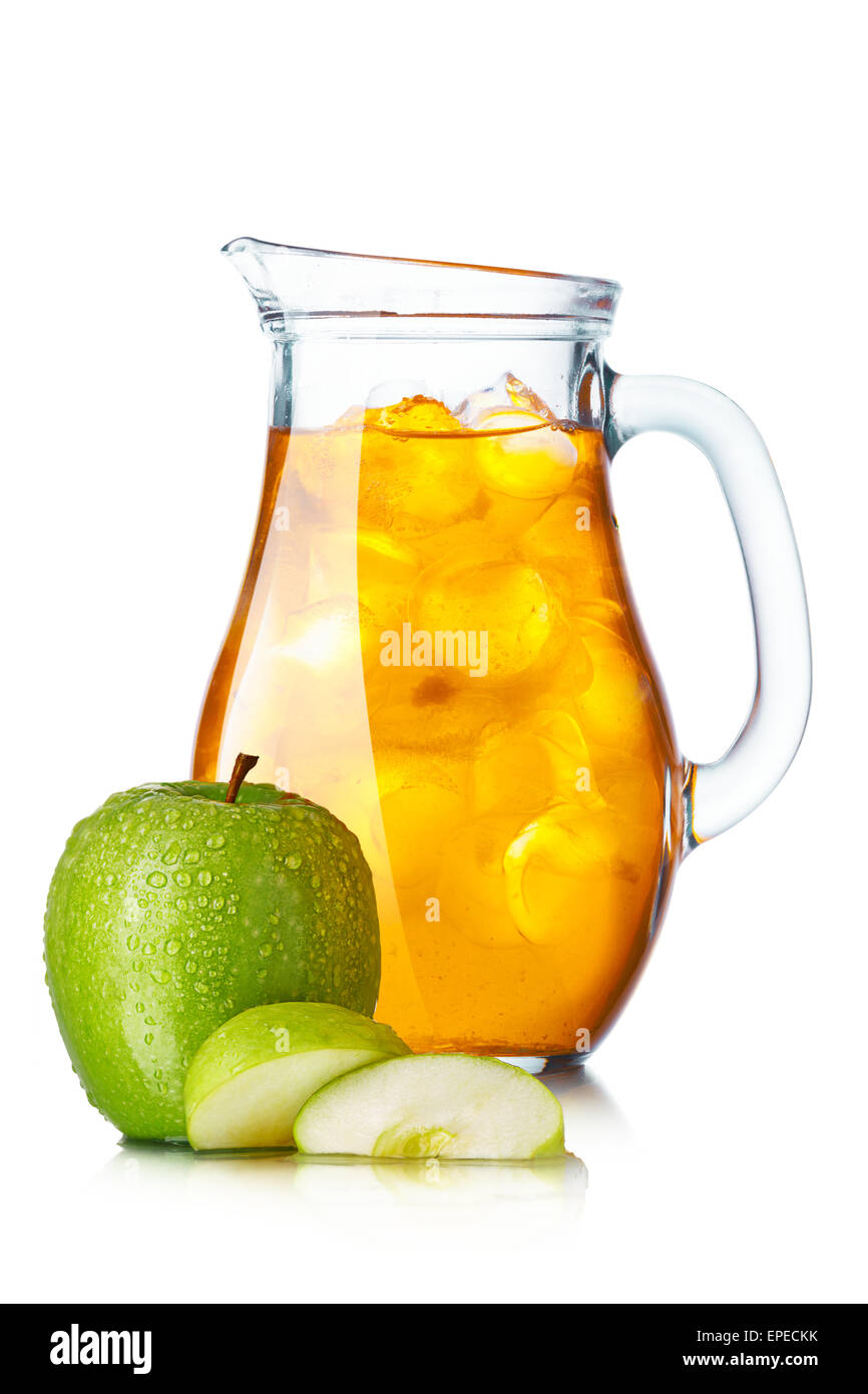 Apple juice with ice in a pitcher. Jug full of iced apple mixed drink