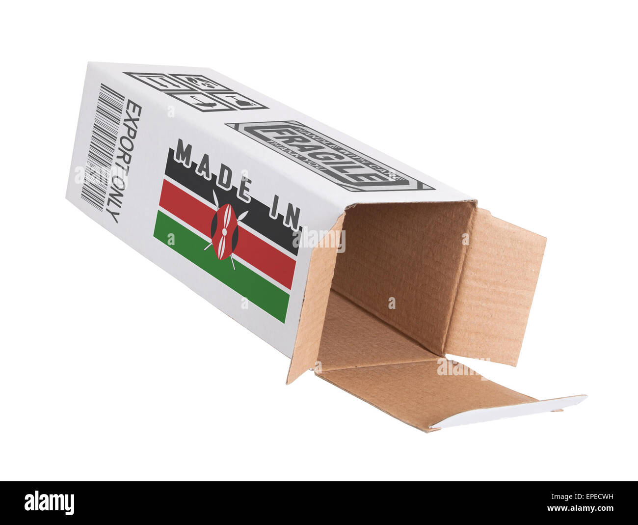 Concept of export, opened paper box - Product of Kenya Stock Photo