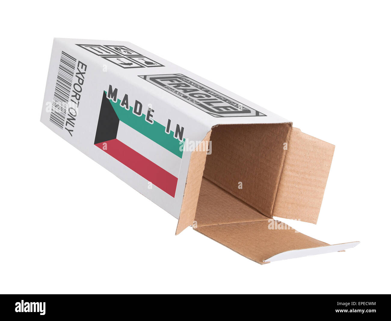 Concept of export, opened paper box Product of Kuwait Stock Photo Alamy