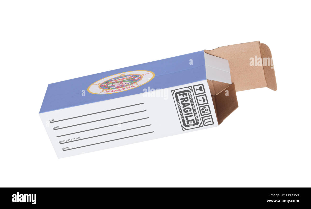 Concept of export, opened paper box - Product of Minnesota Stock Photo