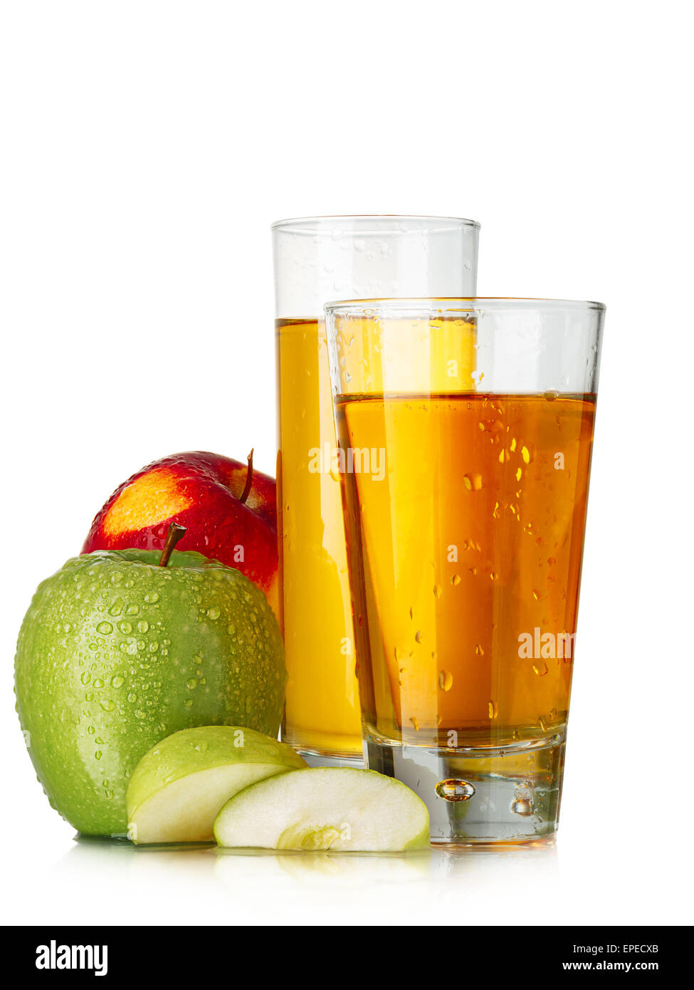 Fresh apple juices in highball glasses with red and green apples Stock Photo