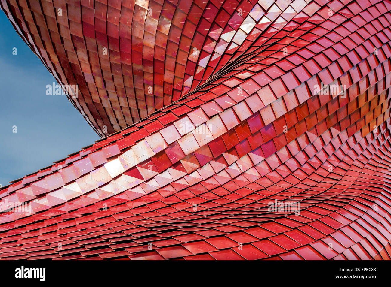 Exterior facade detail with geometrical pattern of red tiles. Milan Expo 2015, Vanke Pavilion, Milan, Italy. Architect: Daniel L Stock Photo