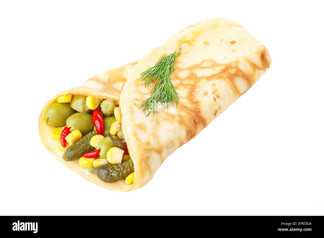 Elegant, neat,hearty crepe stuffed with pickled vegetables decorated with dill isolated on white shadowless. Stock Photo