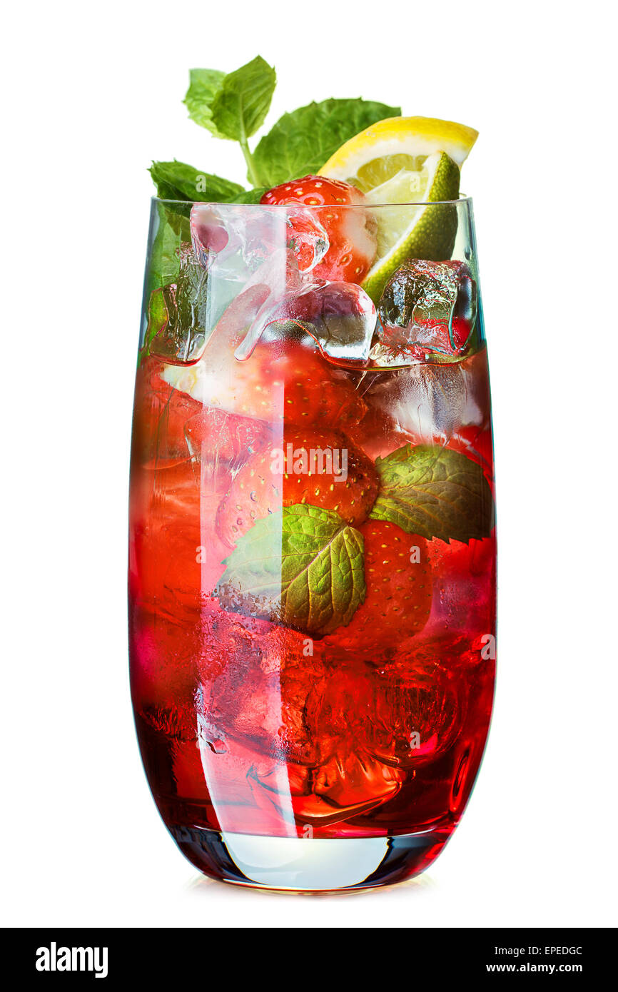 Strawberry mojito in elegant highball glass. Cold refreshing cocktail with lime and mint. Traditional mojito with modern twist. Stock Photo