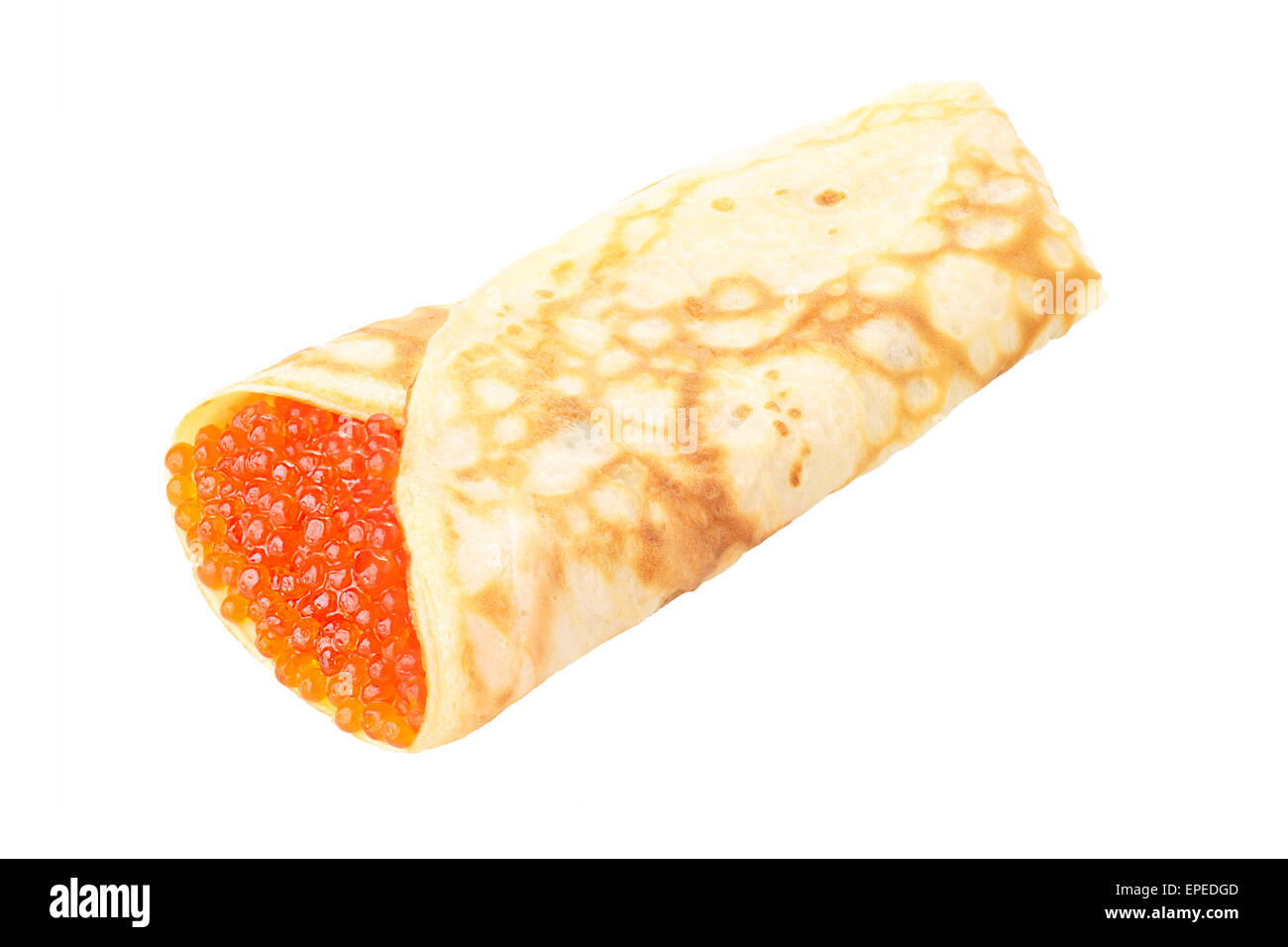 Elegant, neat,hearty crepe stuffed with red caviar isolated on white shadowless. Stock Photo