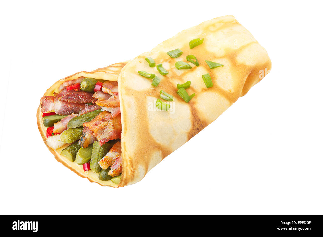 Elegant, neat,hearty crepe stuffed with roasted bacon and tiny gherkins isolated on white shadowless. Stock Photo