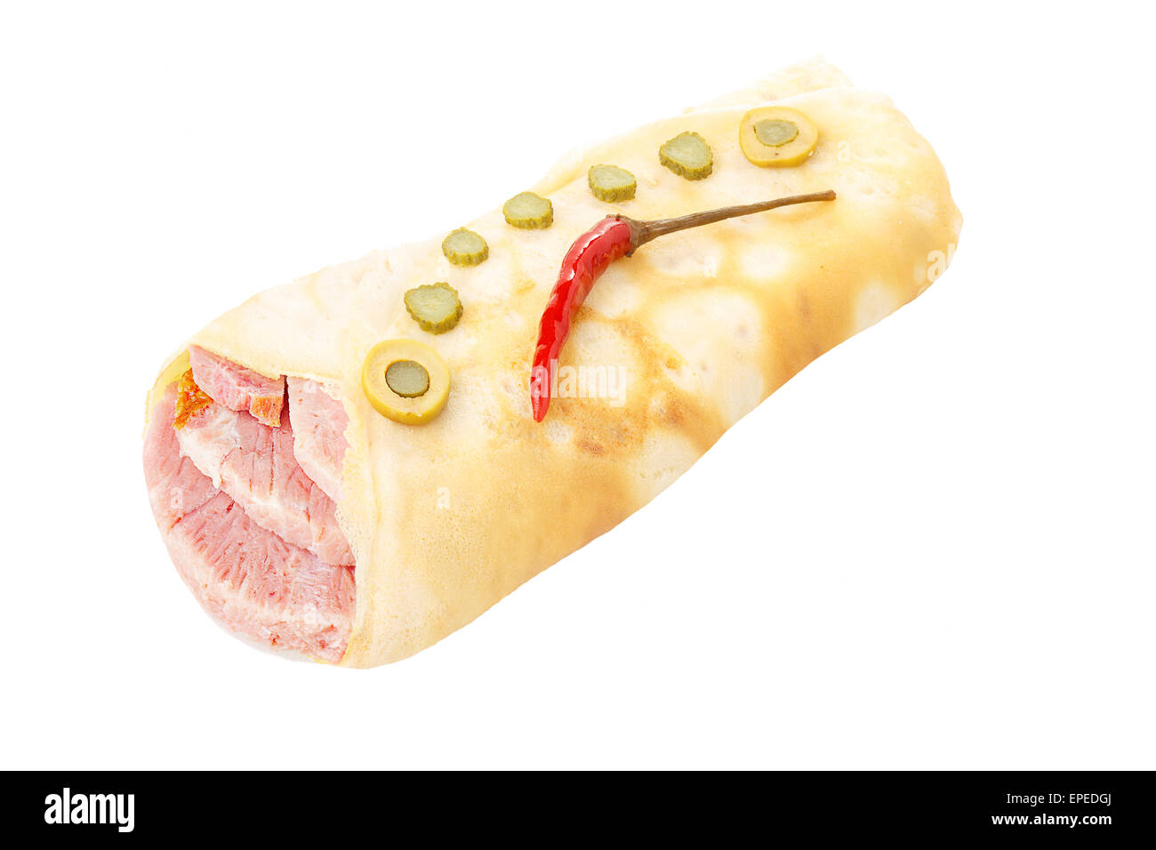 Elegant, neat,hearty crepe stuffed with salty meat isolated on white shadowless. Stock Photo