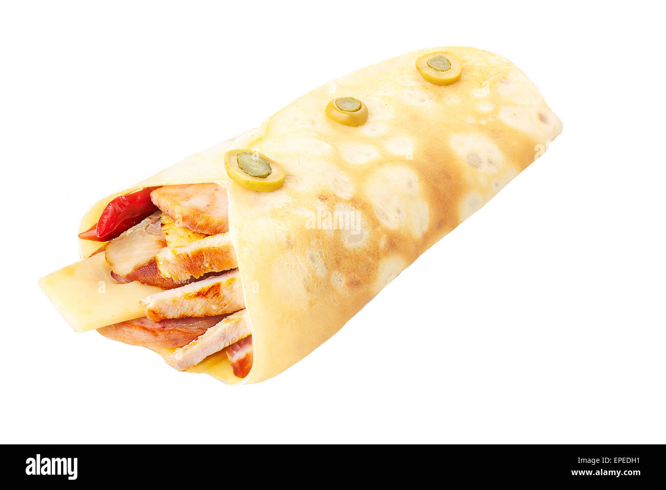 Elegant, neat,hearty crepe stuffed with fried chopped chicken and cheese isolated on white shadowless. Stock Photo