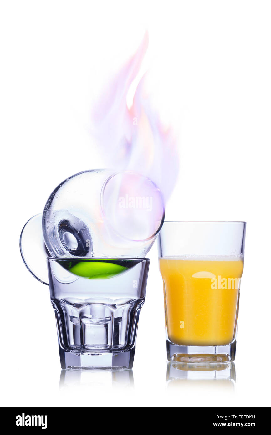 Burning alcoholic cocktail isolated on white Stock Photo