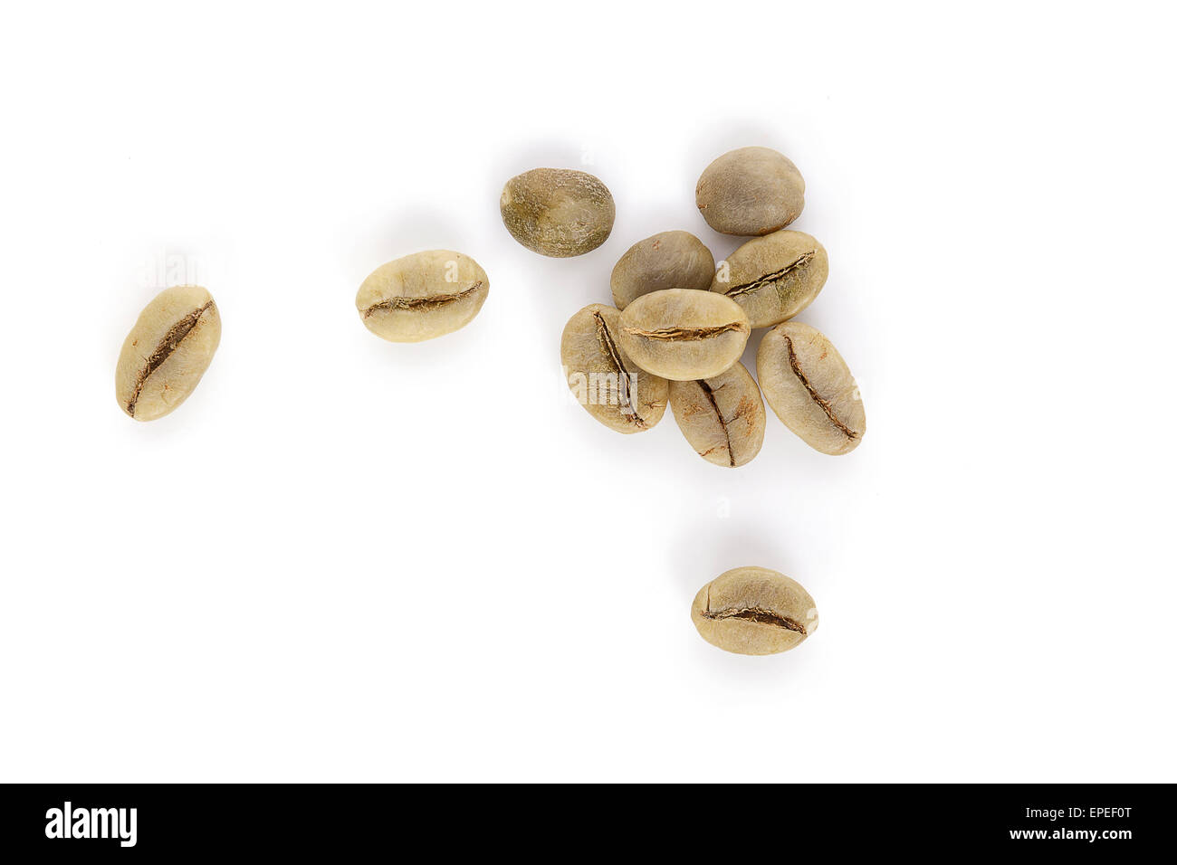 Green coffee beans isolated on white background, top view. Weight loss