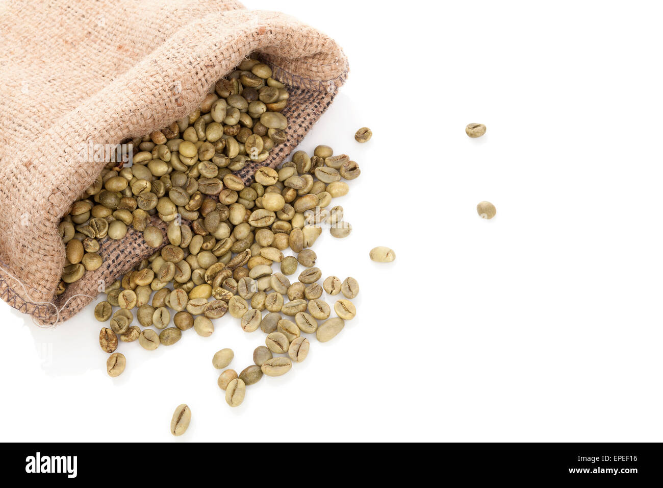 Green coffee beans in burlap sack isolated on white background. Weight