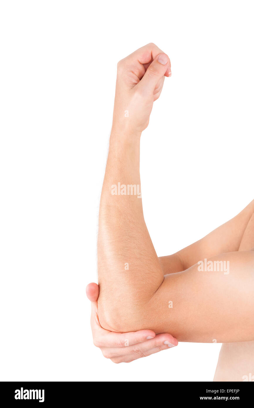 Man holding his elbow isolated on white background. Chronic pain concept. Close up of arm and elbow isolated on white. Stock Photo