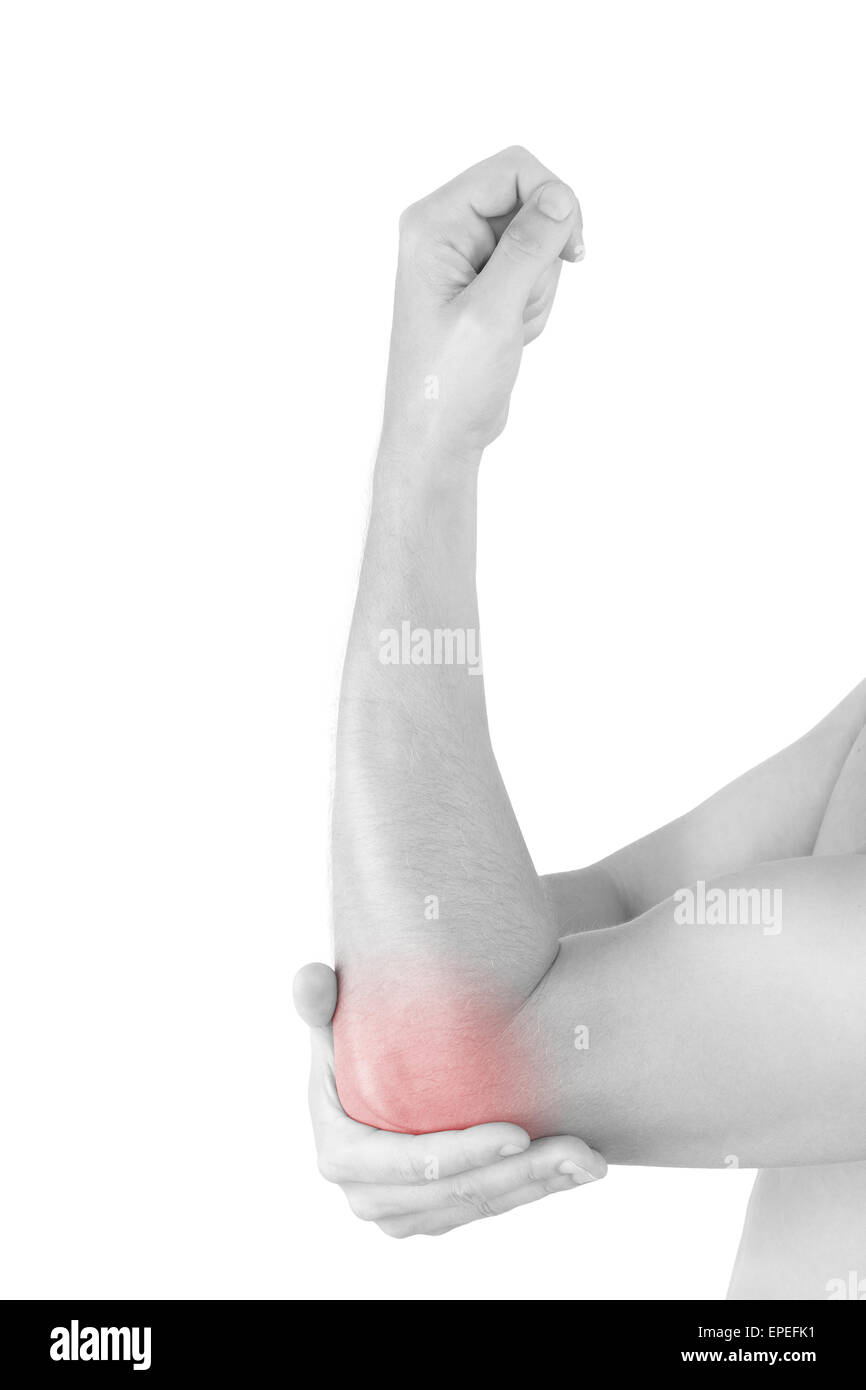 Close up on highlighted pain area, elbow pain. Man holding his elbow isolated on white background. Chronic pain concept. Stock Photo