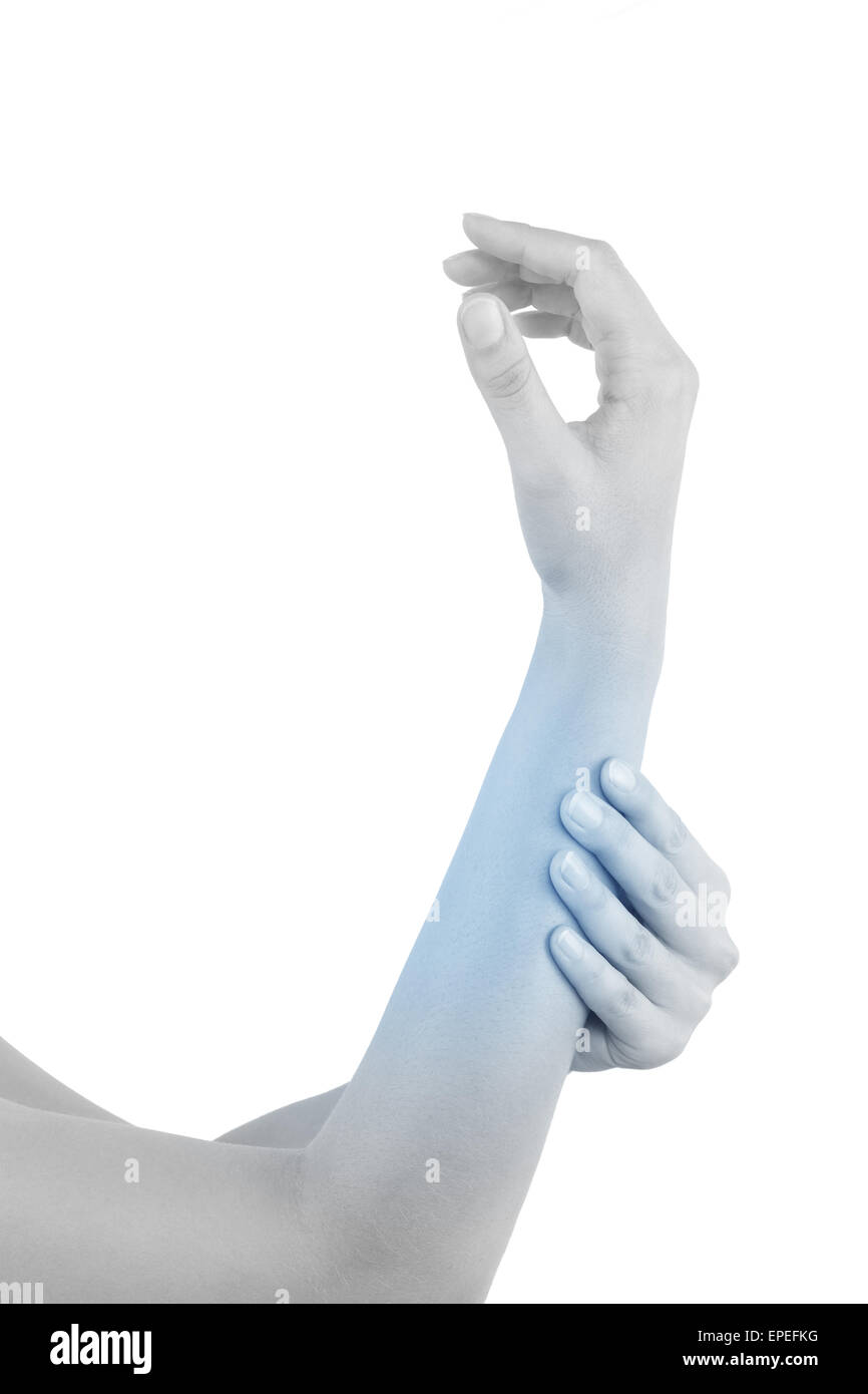 Forearm muscle strain. Female hand touching forearm with highlighted