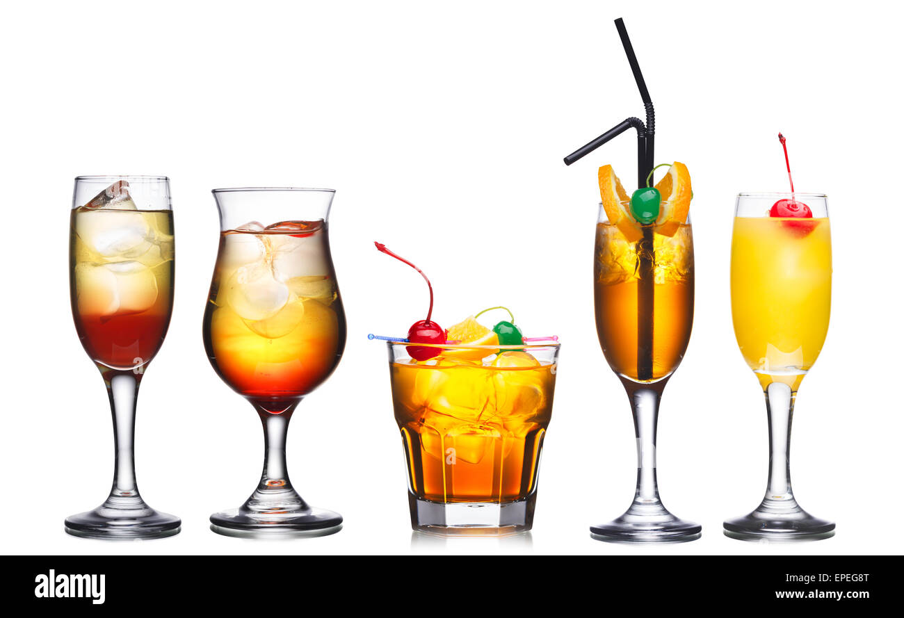 Collection of five alcohol cocktails in warm colors decorated with cherries Stock Photo Alamy