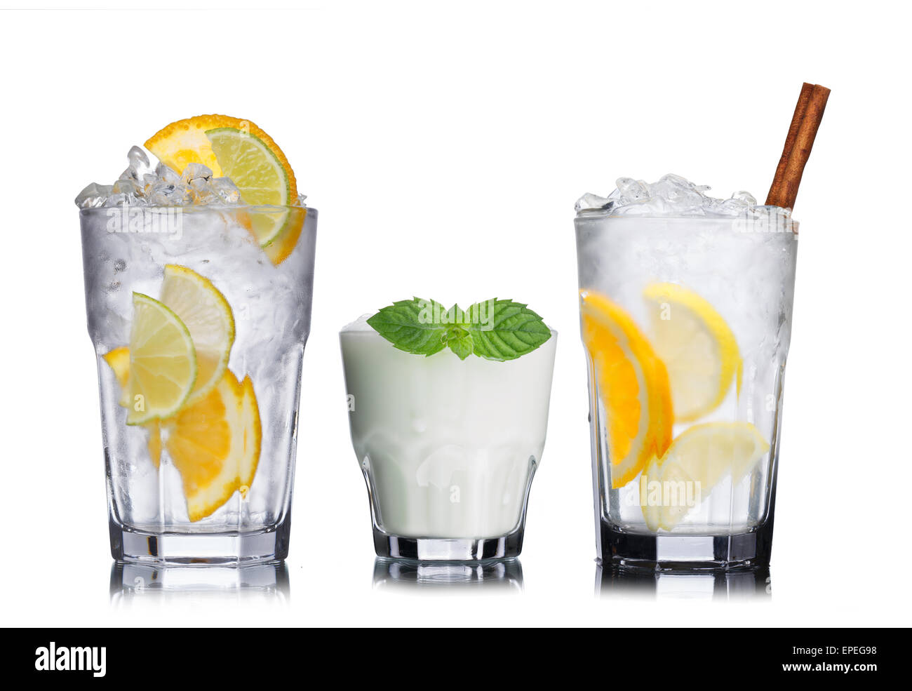 Large collection of summer refreshing cocktails in transparent glasses Stock Photo