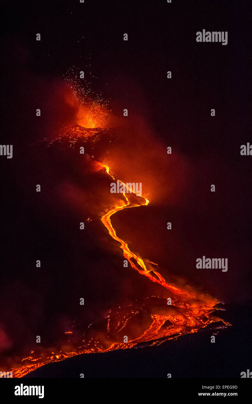 The spectacular images of the last eruption of Etna volcano crater ( 14th May 2015 ) released by the NSEC and the new small open Stock Photo