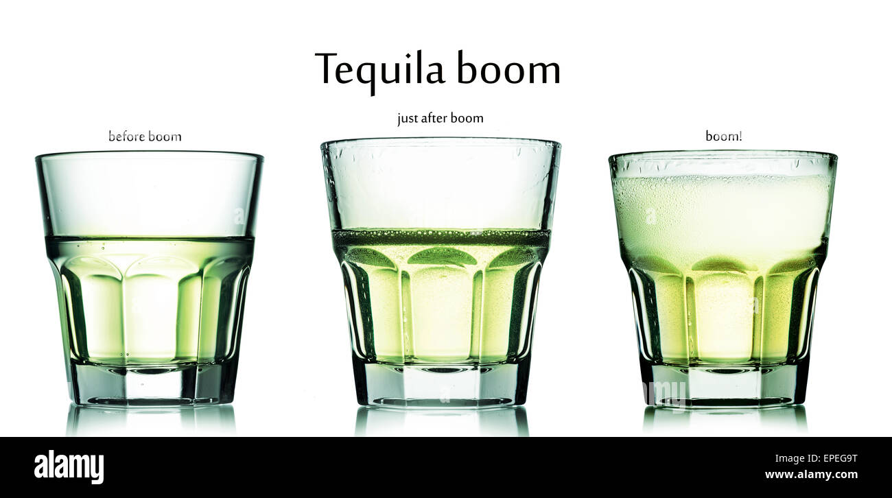 Collection of glasses with tequila boom cocktail. Soda and tequila