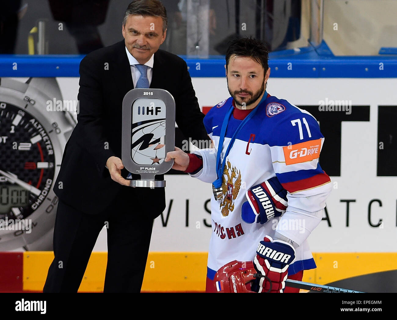 Russian Team Captain Ilya Kovalchuk Receives The Second Place Trophy From Iihf President Rene