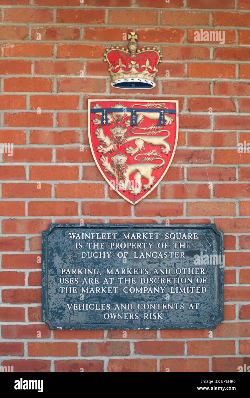 Coat of arms of the Duchy of Lancaster within Wainfleet market square, Lincolnshire, England, UK Stock Photo
