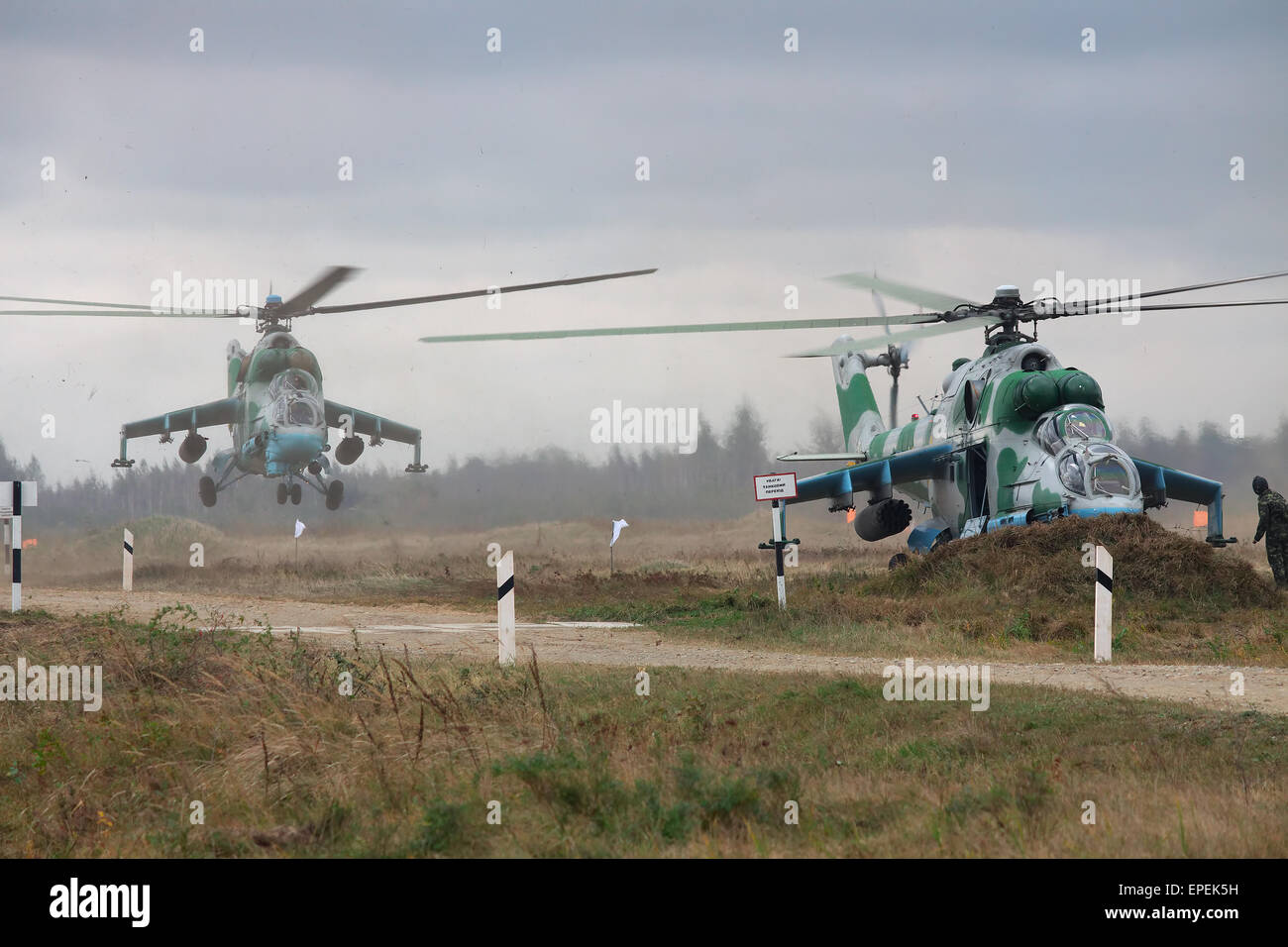 Zhitomir, Ukraine - September 29, 2010: Ukrainian Army Mi-24's Attack Helicopters during military training Stock Photo